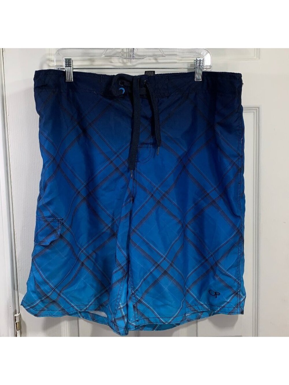 Ocean Pacific Swim Trunks Mens L Blue Plaid Ombre Cargo Board Shorts OM13202Y